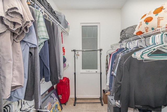 walk in closet with light colored carpet