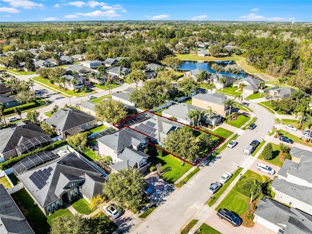 aerial view featuring a water view and a residential view