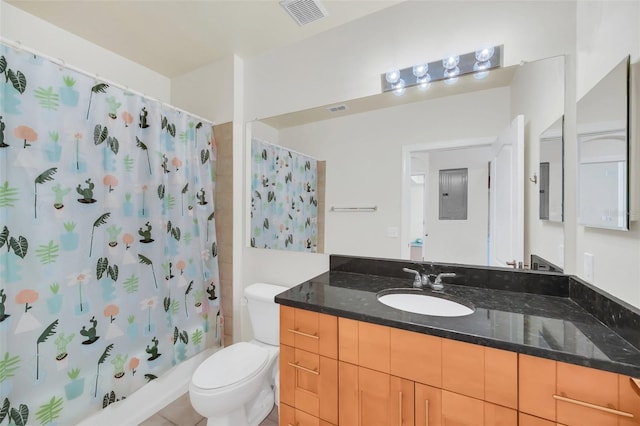 full bathroom featuring vanity, electric panel, toilet, and shower / tub combo with curtain