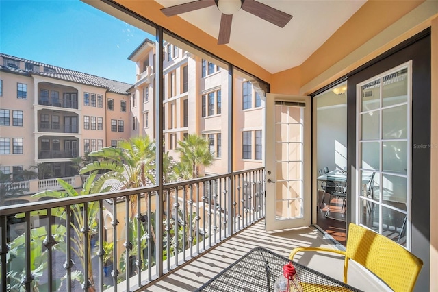 balcony featuring ceiling fan