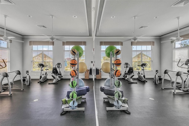 exercise room featuring ceiling fan and ornamental molding