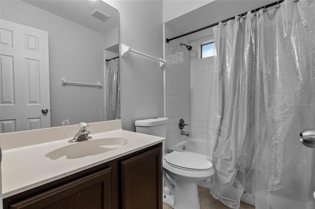 full bathroom featuring shower / bath combination with curtain, vanity, toilet, and tile patterned flooring