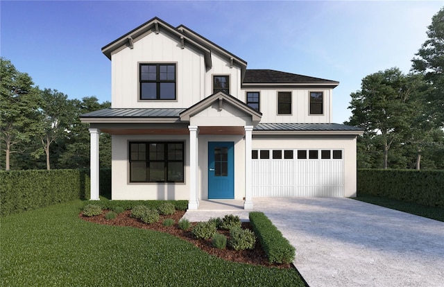 modern farmhouse with a front yard and a garage