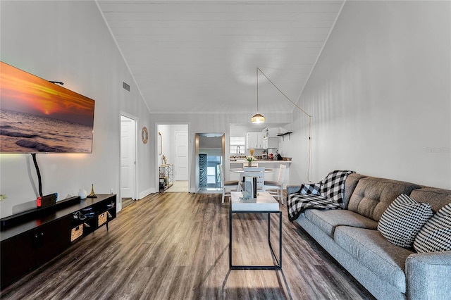 living room with high vaulted ceiling and hardwood / wood-style floors