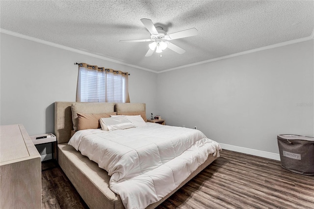 bedroom featuring ceiling fan, crown molding, dark hardwood / wood-style floors, and a textured ceiling