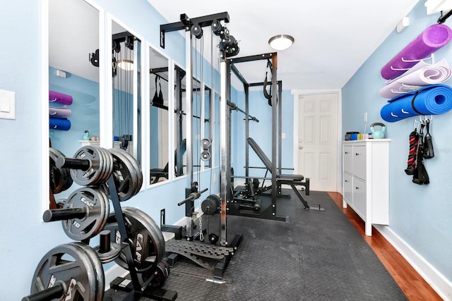 gym featuring dark hardwood / wood-style flooring