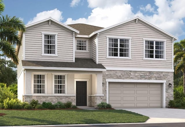 view of front facade featuring a front yard and a garage