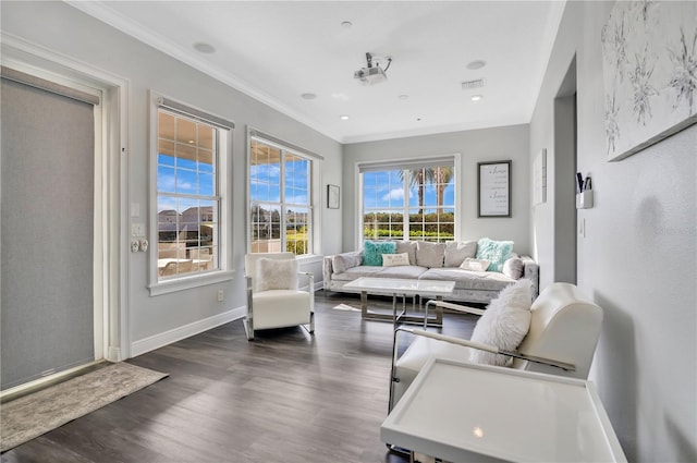 living room with ornamental molding and dark hardwood / wood-style floors