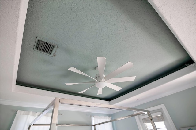 details with a tray ceiling and ceiling fan