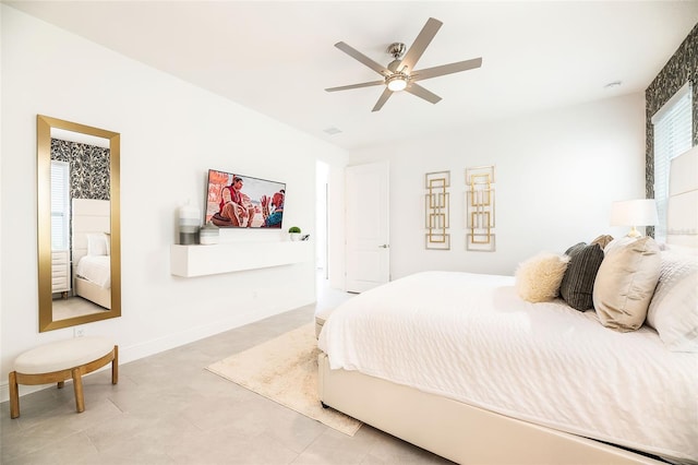 bedroom featuring ceiling fan and multiple windows