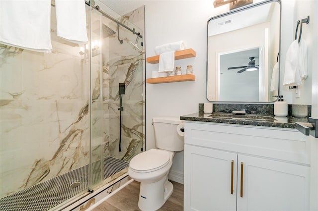 bathroom featuring vanity, wood-type flooring, a shower with shower door, and toilet