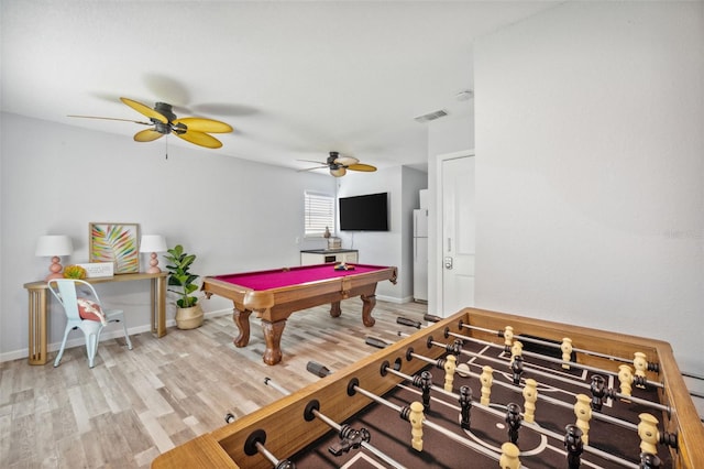 recreation room featuring ceiling fan, wood-type flooring, and pool table