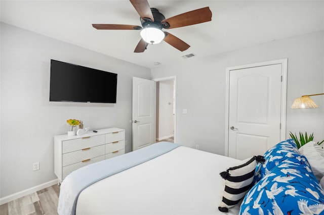 bedroom featuring light wood-type flooring and ceiling fan