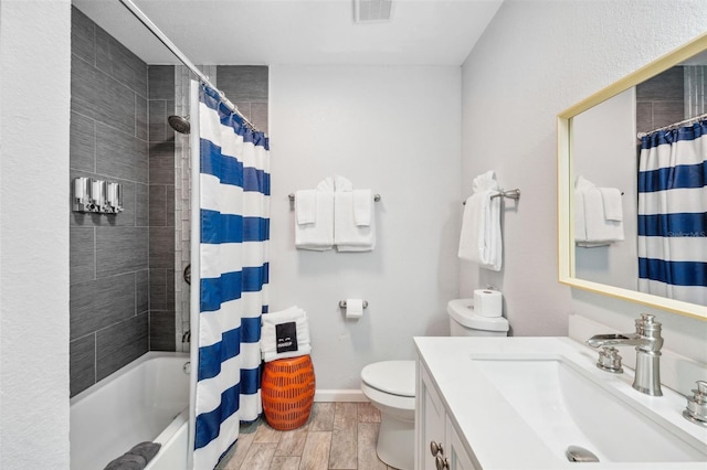 full bathroom with vanity, toilet, and shower / bathtub combination with curtain