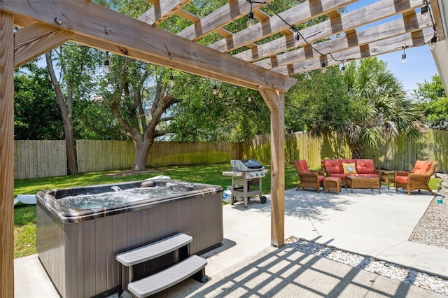 view of patio featuring area for grilling, a pergola, outdoor lounge area, and a hot tub