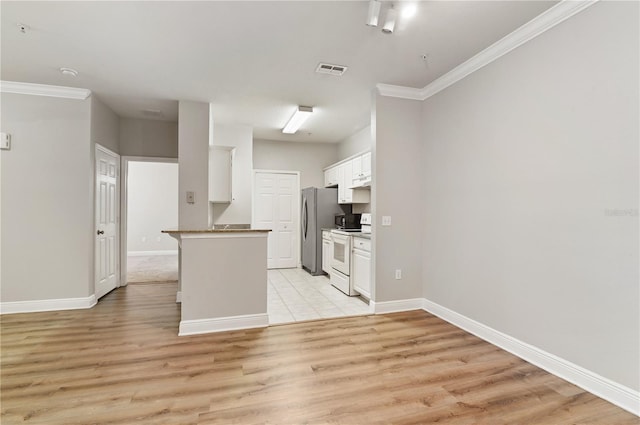 kitchen with white cabinets, electric stove, kitchen peninsula, stainless steel refrigerator, and light hardwood / wood-style flooring