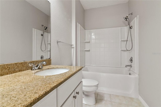 full bathroom featuring shower / bathing tub combination, toilet, vanity, and tile patterned flooring