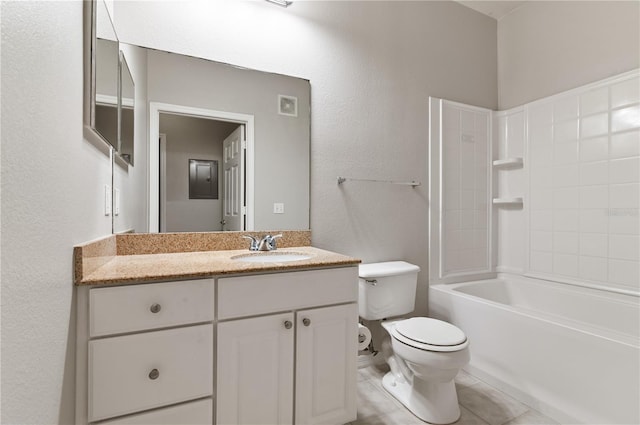 full bathroom with vanity, toilet,  shower combination, and tile patterned flooring