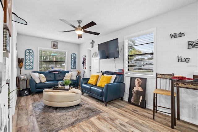 living room with wood-type flooring and ceiling fan