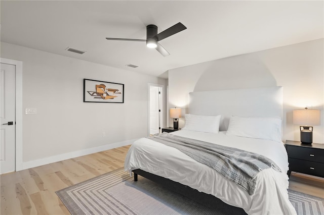 bedroom with ceiling fan and light hardwood / wood-style floors