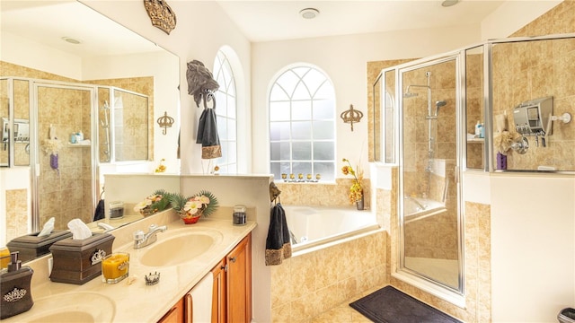 bathroom with vanity and plus walk in shower