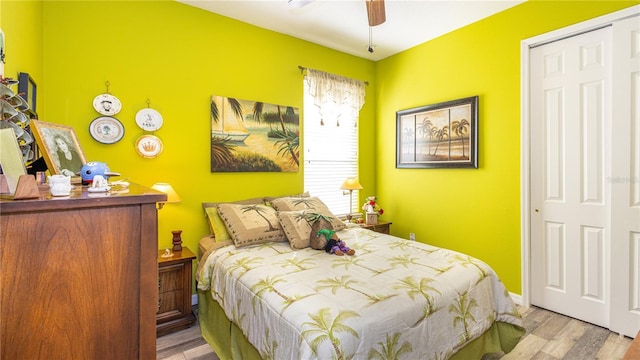 bedroom with a closet, ceiling fan, and light hardwood / wood-style flooring