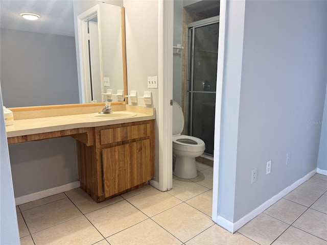 bathroom with tile patterned flooring, vanity, a shower with door, and toilet