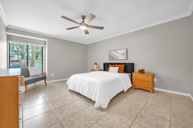 tiled bedroom featuring ceiling fan and ornamental molding