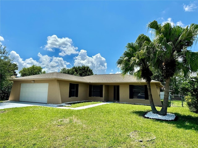 single story home featuring a garage and a front lawn