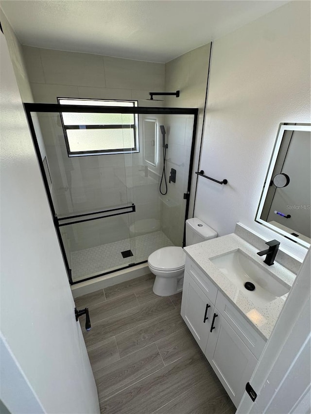 bathroom with vanity, toilet, and a shower with door