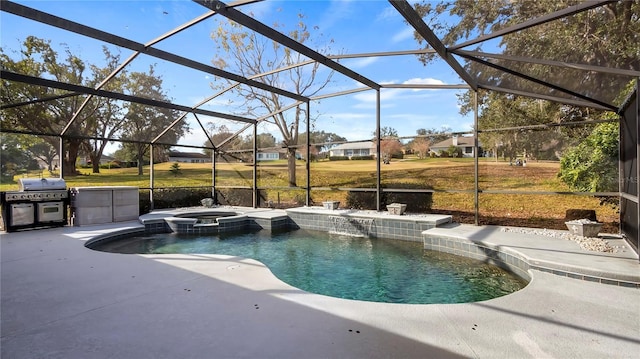 view of pool with an in ground hot tub, a grill, a lanai, and a patio area