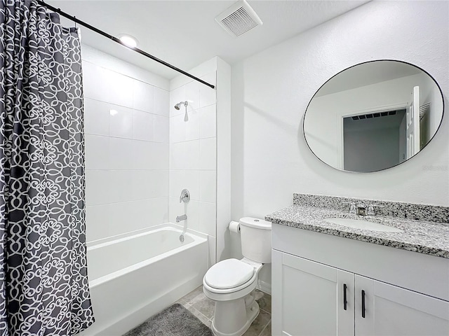 full bathroom with toilet, shower / tub combo with curtain, tile patterned floors, and vanity