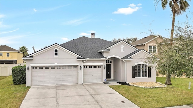 view of front of property featuring a garage and a front lawn