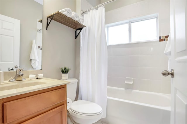 full bathroom featuring toilet, vanity, and shower / bathtub combination with curtain