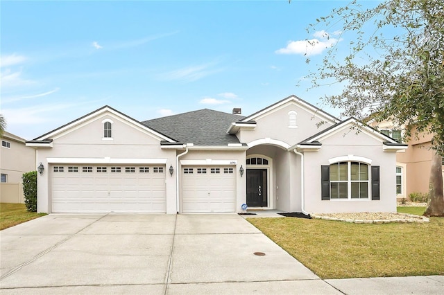 ranch-style home with a garage and a front yard