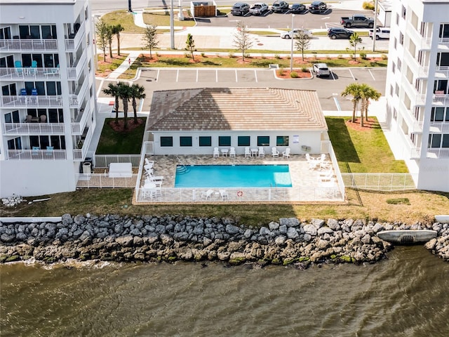 aerial view featuring a water view