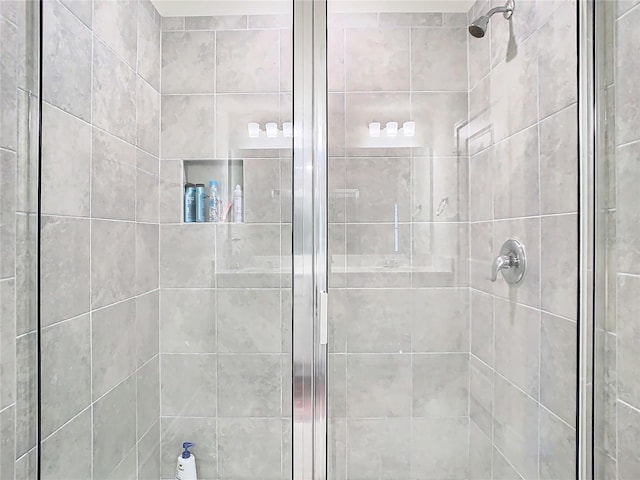 bathroom featuring a shower with shower door