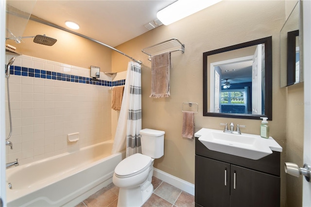 full bathroom with vanity, tile patterned floors, toilet, and shower / tub combo with curtain