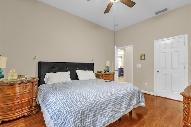 bedroom featuring ceiling fan and light wood-type flooring