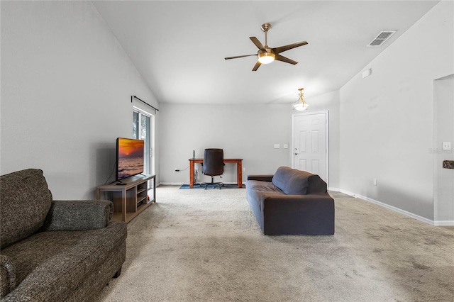 carpeted living room with lofted ceiling and ceiling fan