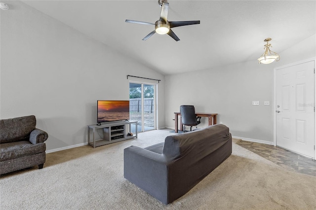 carpeted living room featuring lofted ceiling and ceiling fan