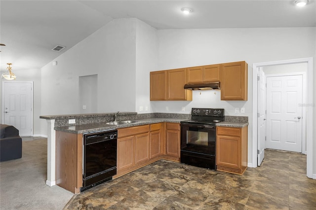 kitchen with sink, black appliances, dark carpet, vaulted ceiling, and kitchen peninsula