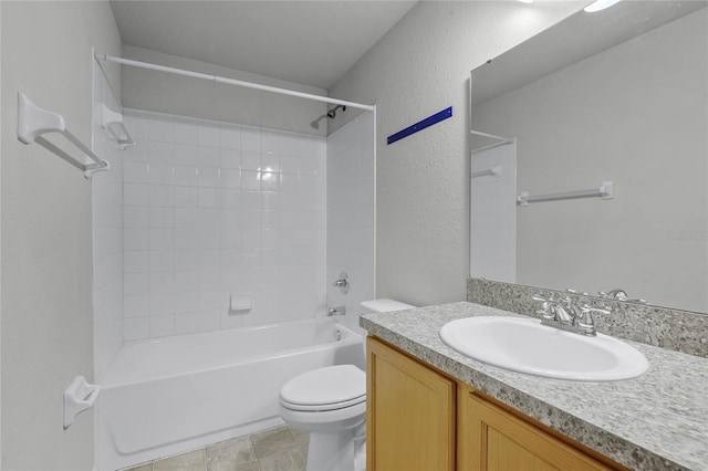 full bathroom with bathtub / shower combination, vanity, toilet, and tile patterned flooring