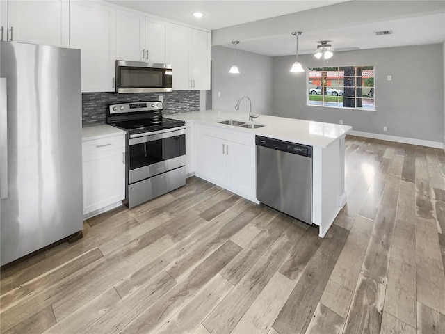 kitchen with sink, white cabinetry, appliances with stainless steel finishes, and kitchen peninsula