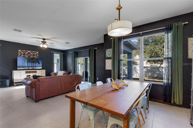 dining room with ceiling fan, plenty of natural light, and a textured ceiling