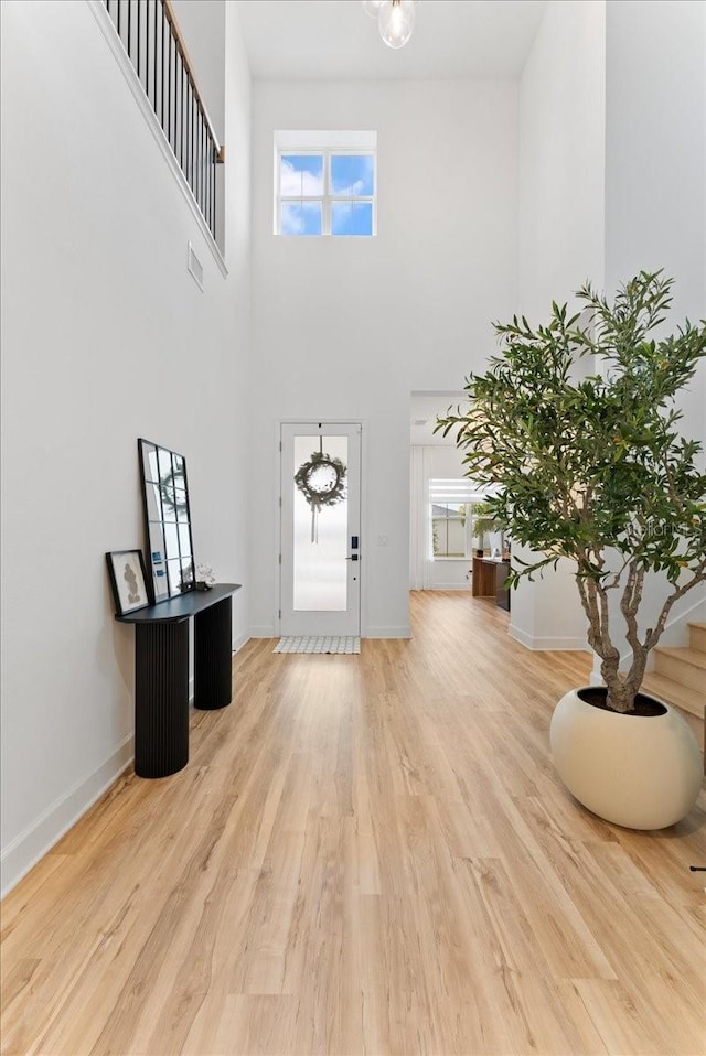 entryway featuring a high ceiling and light hardwood / wood-style flooring