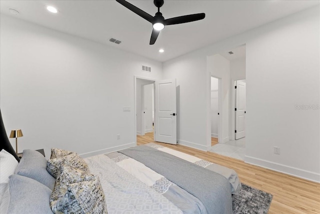 bedroom featuring light wood-type flooring and ceiling fan