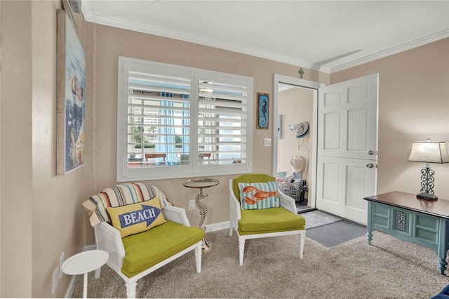 living area with light colored carpet and ornamental molding