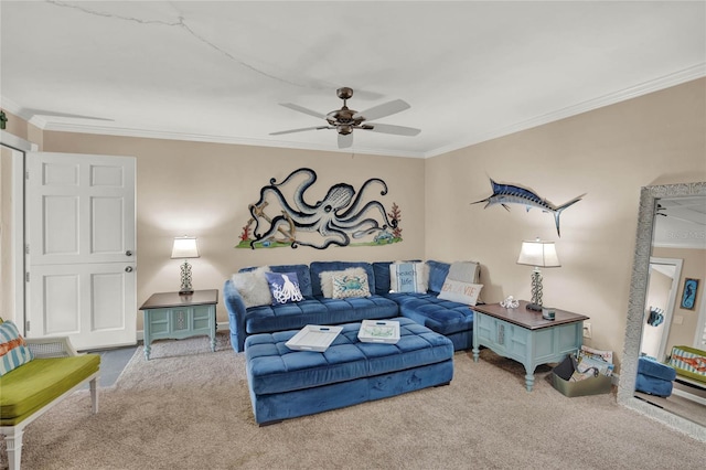 living room featuring ornamental molding and carpet flooring