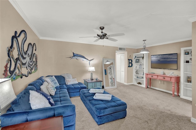 living room featuring ceiling fan, carpet flooring, and crown molding